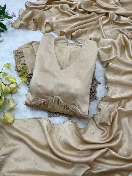 Chanderi Cotton Long Gown Set with Golden Lace Dupatta for Wholesale Buyers 3 Piece Kurti Set