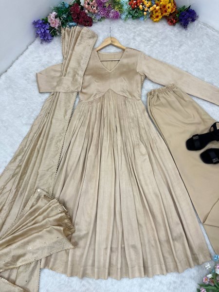 Chanderi Cotton Long Gown Set with Golden Lace Dupatta for Wholesale Buyers 3 Piece Kurti Set