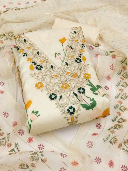 Chanderi Embroidered Suit With Digital Print Unstitched Wholesale Set Dress Material 