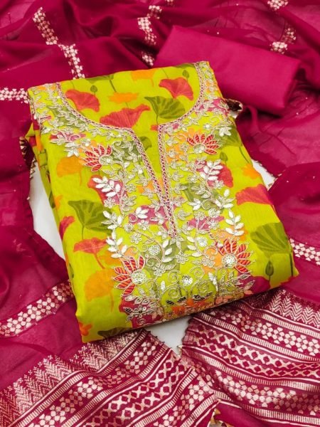 Chanderi Print Suit Material with Codding & Sequence Work – Unstitched Set Dress Material 