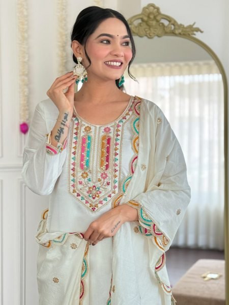 New Designer Kurti In Wholesale Chanderi Silk Readymade Salwar Suit with Embroidered Work 3 Piece Kurti Set