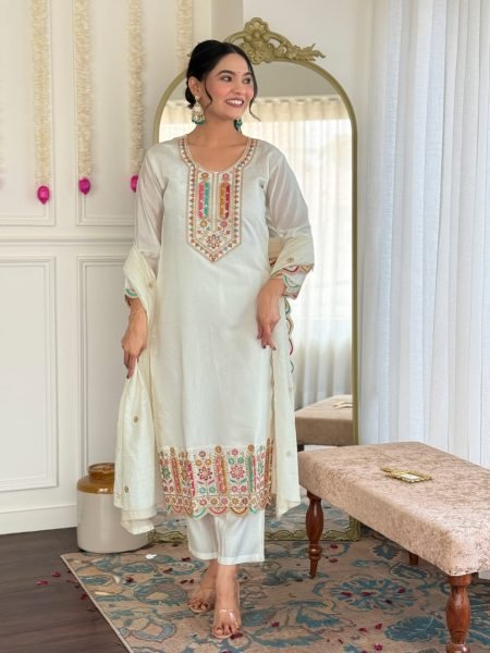 New Designer Kurti In Wholesale Chanderi Silk Readymade Salwar Suit with Embroidered Work 3 Piece Kurti Set
