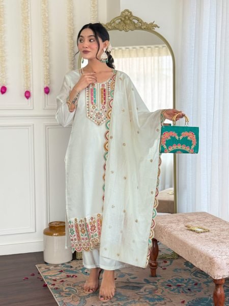New Designer Kurti In Wholesale Chanderi Silk Readymade Salwar Suit with Embroidered Work 3 Piece Kurti Set