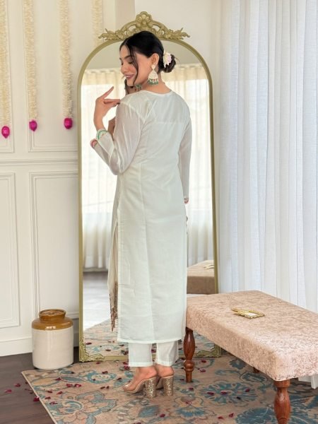 New Designer Kurti In Wholesale Chanderi Silk Readymade Salwar Suit with Embroidered Work 3 Piece Kurti Set