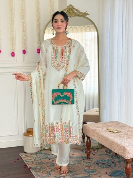 New Designer Kurti In Wholesale Chanderi Silk Readymade Salwar Suit with Embroidered Work 3 Piece Kurti Set