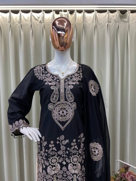 Charcoal Black French Crape Sequins Embroidered Georgette Sharara Suit with Dupatta for Party Wear Ready To Wear Collection