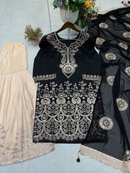 Charcoal Black French Crape Sequins Embroidered Georgette Sharara Suit with Dupatta for Party Wear Ready To Wear Collection