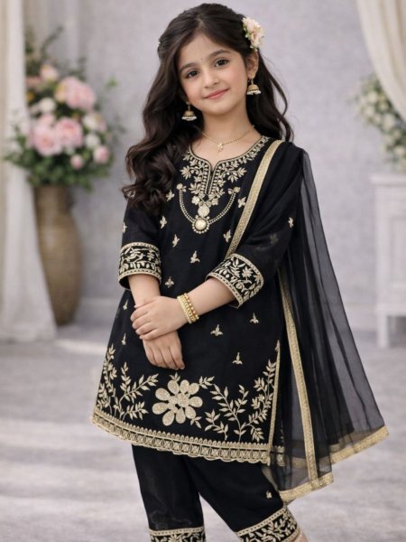Charismatic Black Girls Top Palazzo Set with Dupatta for Ramzan Collection Kurtis