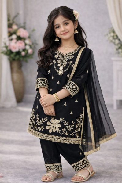 Charismatic Black Girls Top Palazzo Set with Dupatta for Ramzan Collection Girls Wear