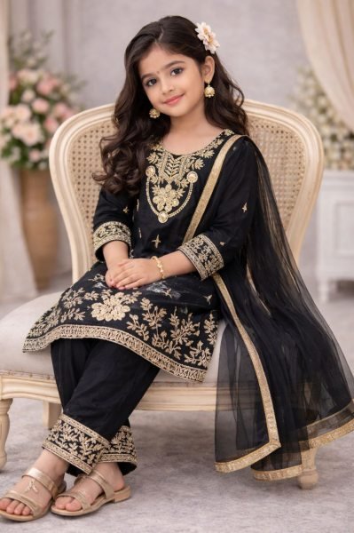 Charismatic Black Girls Top Palazzo Set with Dupatta for Ramzan Collection Girls Wear