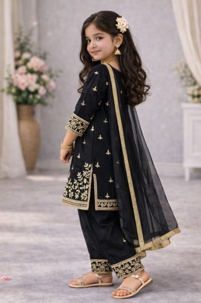 Charismatic Black Girls Top Palazzo Set with Dupatta for Ramzan Collection Girls Wear