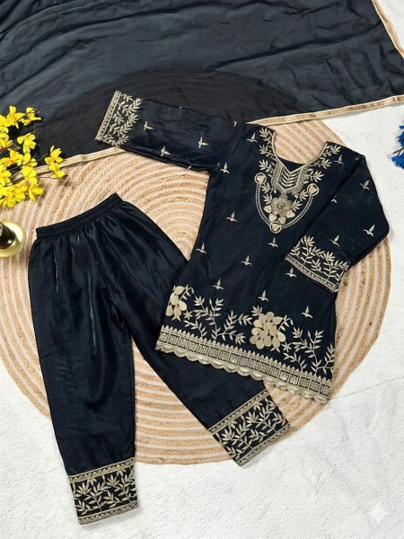 Charismatic Black Girls Top Palazzo Set with Dupatta for Ramzan Collection Girls Wear
