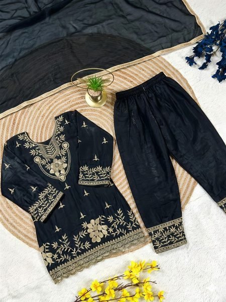 Charismatic Black Girls Top Palazzo Set with Dupatta for Ramzan Collection Girls Wear
