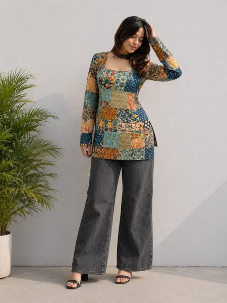 Charismatic Blue Casual Wear Cotton Digital Printed Top Tunics kurti