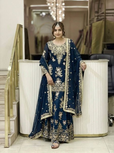 Charismatic Blue Designer Faux Georgette Suit Set with Fully Stitched Palazzo at Wholesale Rate Ready To Wear Collection