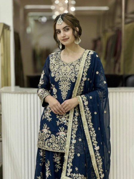 Charismatic Blue Designer Faux Georgette Suit Set with Fully Stitched Palazzo at Wholesale Rate Ready To Wear Collection