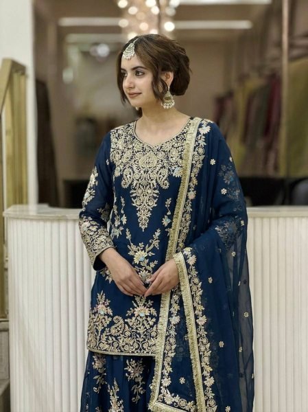 Charismatic Blue Designer Faux Georgette Suit Set with Fully Stitched Palazzo at Wholesale Rate Ready To Wear Collection
