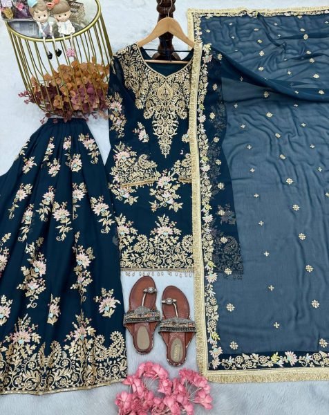Charismatic Blue Designer Faux Georgette Suit Set with Fully Stitched Palazzo at Wholesale Rate Ready To Wear Collection