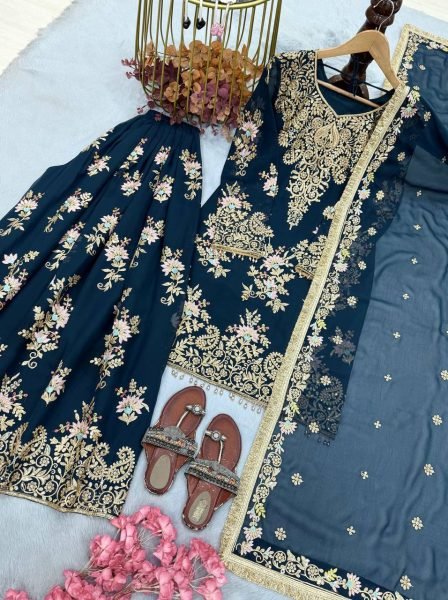 Charismatic Blue Designer Faux Georgette Suit Set with Fully Stitched Palazzo at Wholesale Rate Ready To Wear Collection