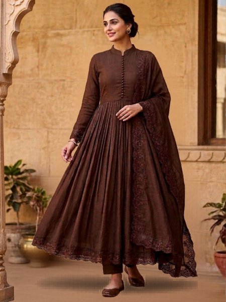 Charismatic Brown Designer Embroidery Gown with Bottom and Dupatta Ready To Wear Suit