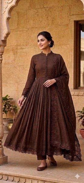 Charismatic Brown Designer Embroidery Gown with Bottom and Dupatta Ready To Wear Collection