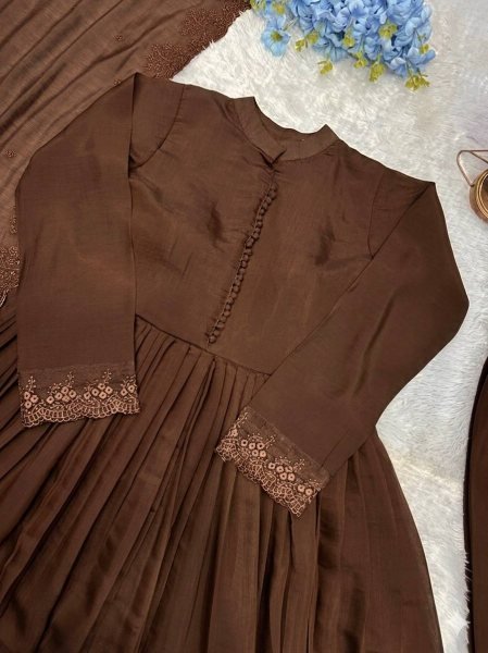 Charismatic Brown Designer Embroidery Gown with Bottom and Dupatta Ready To Wear Collection