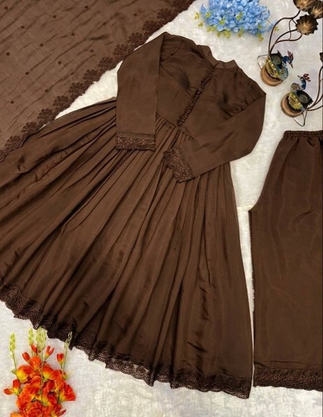 Charismatic Brown Designer Embroidery Gown with Bottom and Dupatta Ready To Wear Collection