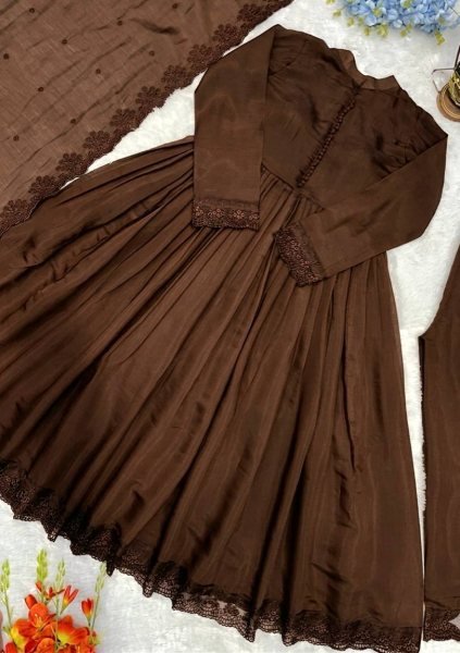 Charismatic Brown Designer Embroidery Gown with Bottom and Dupatta Ready To Wear Collection