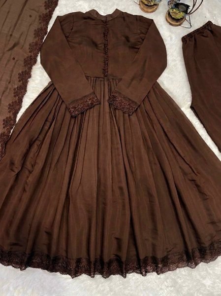 Charismatic Brown Designer Embroidery Gown with Bottom and Dupatta Ready To Wear Collection