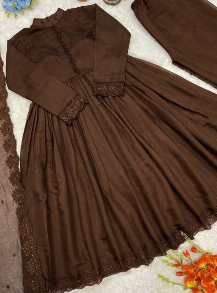 Charismatic Brown Designer Embroidery Gown with Bottom and Dupatta Ready To Wear Collection