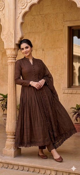 Charismatic Brown Designer Embroidery Gown with Bottom and Dupatta Ready To Wear Collection