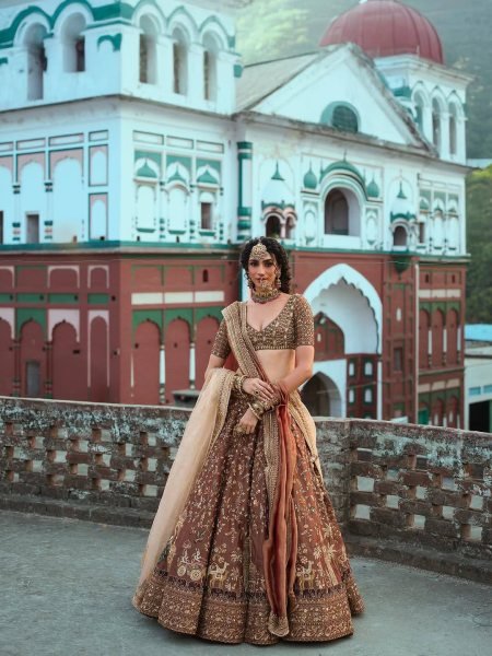 Charismatic Brown Kasturi Silk Lehenga Choli Set with All Over Embroidered Blouse For Wedding Designer Lehenga Choli