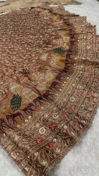 Charismatic Brown Kasturi Silk Lehenga Choli Set with All Over Embroidered Blouse For Wedding Designer Lehenga Choli