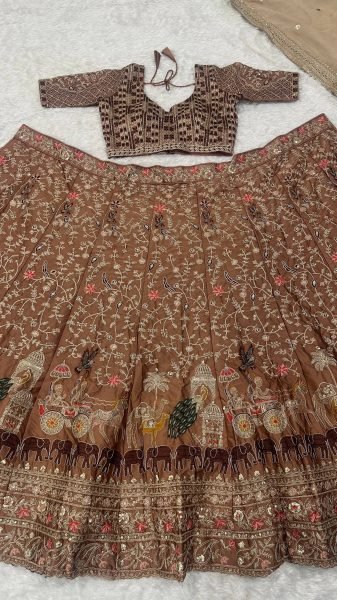 Charismatic Brown Kasturi Silk Lehenga Choli Set with All Over Embroidered Blouse For Wedding Designer Lehenga Choli
