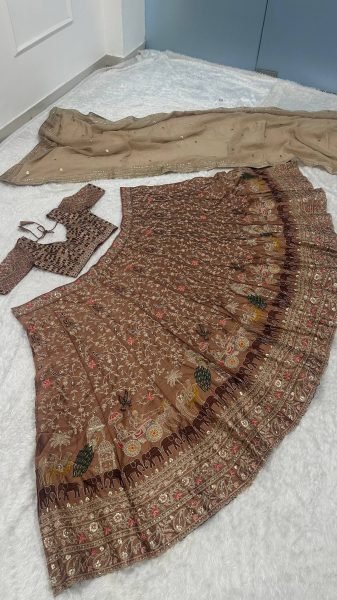 Charismatic Brown Kasturi Silk Lehenga Choli Set with All Over Embroidered Blouse For Wedding Designer Lehenga Choli