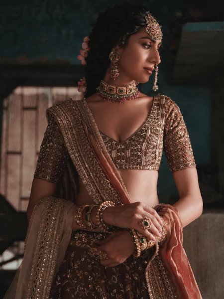 Charismatic Brown Kasturi Silk Lehenga Choli Set with All Over Embroidered Blouse For Wedding Designer Lehenga Choli