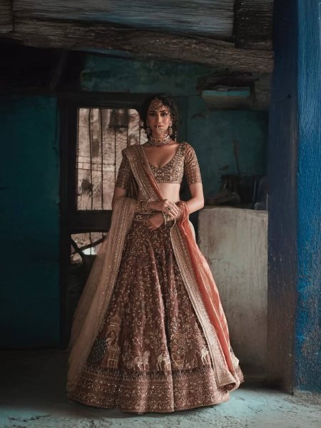 Charismatic Brown Kasturi Silk Lehenga Choli Set with All Over Embroidered Blouse For Wedding Designer Lehenga Choli