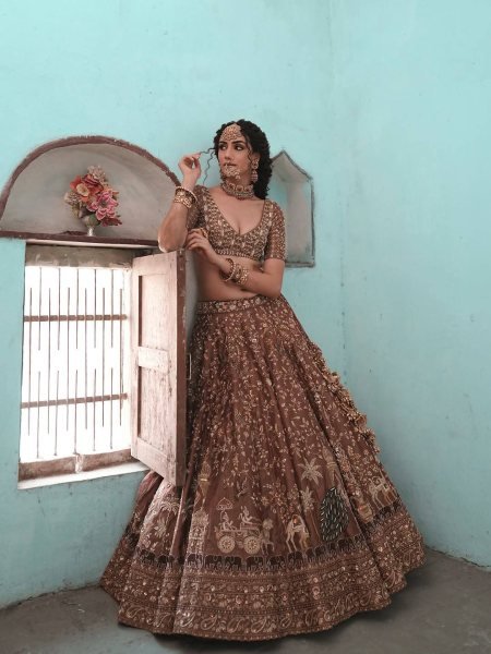 Charismatic Brown Kasturi Silk Lehenga Choli Set with All Over Embroidered Blouse For Wedding Designer Lehenga Choli