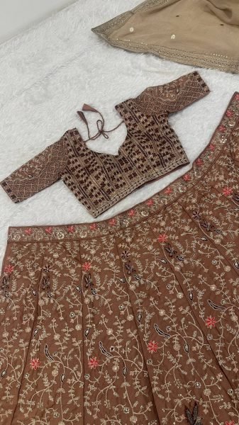 Charismatic Brown Kasturi Silk Lehenga Choli Set with All Over Embroidered Blouse For Wedding Designer Lehenga Choli