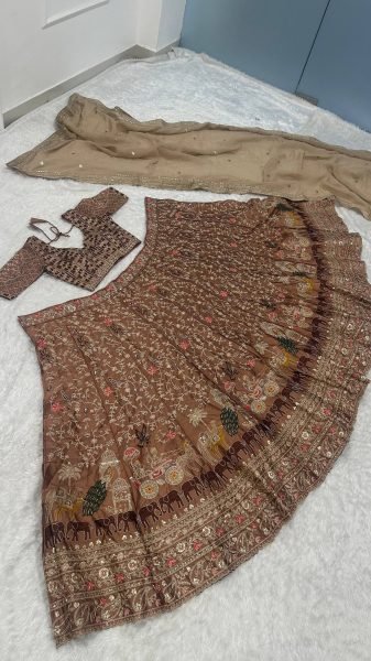 Charismatic Brown Kasturi Silk Lehenga Choli Set with All Over Embroidered Blouse For Wedding Designer Lehenga Choli