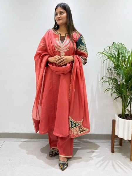 Charismatic Coral Red Mul Chanderi Embroidered Top Palazzo Dupatta Set Ready To Wear Suit