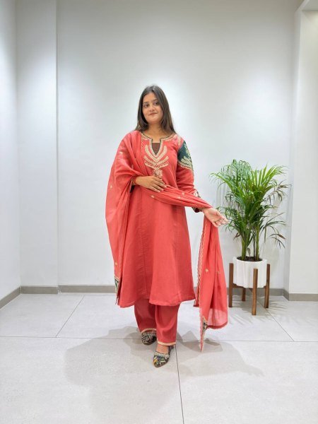 Charismatic Coral Red Mul Chanderi Embroidered Top Palazzo Dupatta Set Ready To Wear Collection