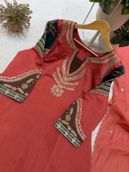 Charismatic Coral Red Mul Chanderi Embroidered Top Palazzo Dupatta Set Ready To Wear Collection