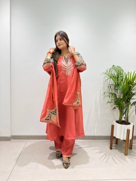 Charismatic Coral Red Mul Chanderi Embroidered Top Palazzo Dupatta Set Ready To Wear Collection