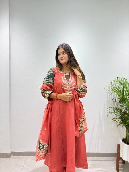 Charismatic Coral Red Mul Chanderi Embroidered Top Palazzo Dupatta Set Ready To Wear Collection