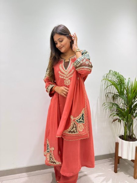 Charismatic Coral Red Mul Chanderi Embroidered Top Palazzo Dupatta Set Ready To Wear Collection