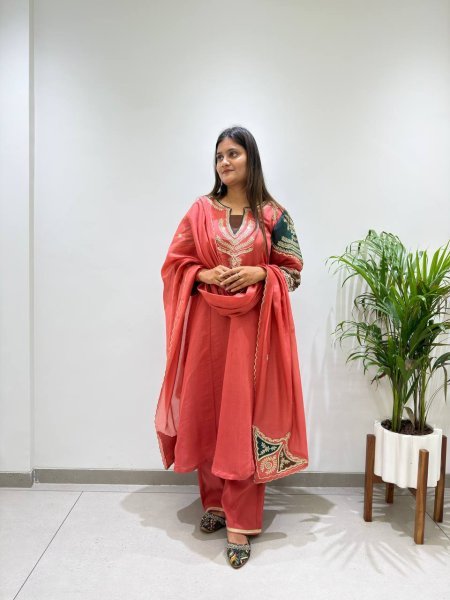 Charismatic Coral Red Mul Chanderi Embroidered Top Palazzo Dupatta Set Ready To Wear Collection