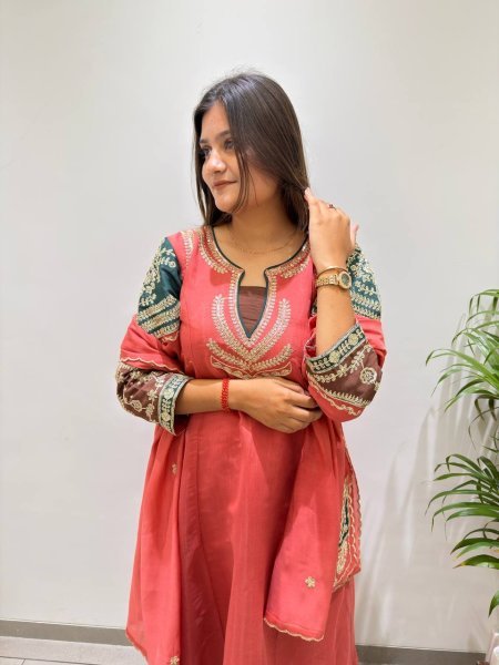 Charismatic Coral Red Mul Chanderi Embroidered Top Palazzo Dupatta Set Ready To Wear Collection