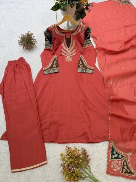 Charismatic Coral Red Mul Chanderi Embroidered Top Palazzo Dupatta Set Ready To Wear Collection