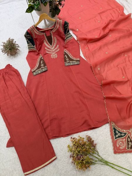 Charismatic Coral Red Mul Chanderi Embroidered Top Palazzo Dupatta Set Ready To Wear Collection